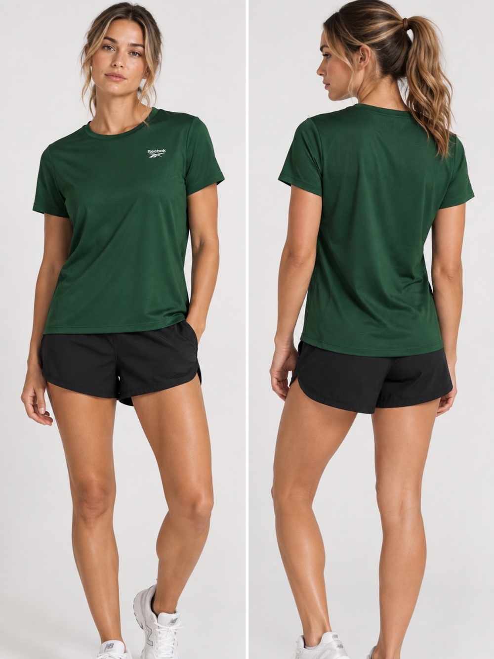 Reebok NWT Women's Stretch Mesh Short Sleeve Crewneck T-Shirt slim pineneedle